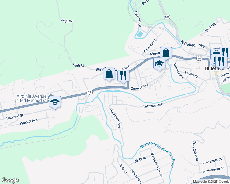 map of restaurants, bars, coffee shops, grocery stores, and more near 203 Montrose Street in Bluefield