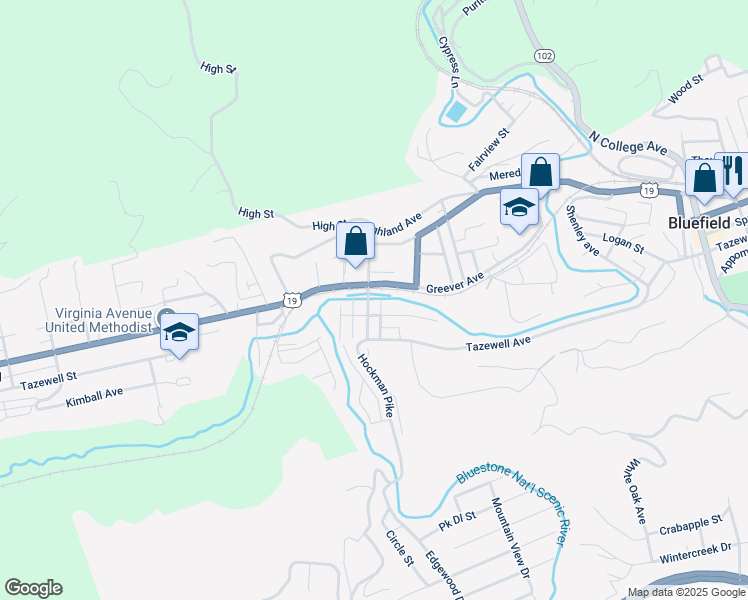map of restaurants, bars, coffee shops, grocery stores, and more near 203 Montrose Street in Bluefield