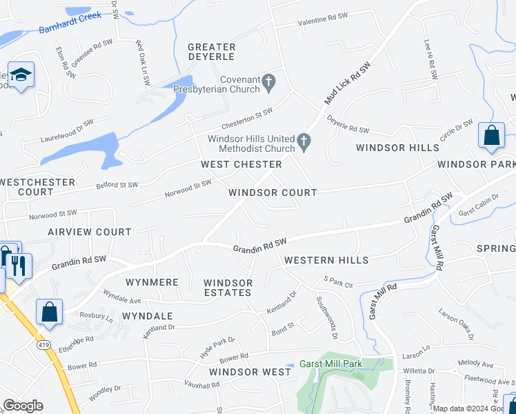 map of restaurants, bars, coffee shops, grocery stores, and more near 2000-3898 Darlington Road Southwest in Roanoke