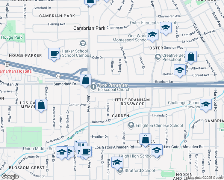 map of restaurants, bars, coffee shops, grocery stores, and more near 14817 Ronda Drive in San Jose