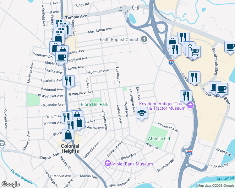 map of restaurants, bars, coffee shops, grocery stores, and more near 909 Hamilton Avenue in Colonial Heights