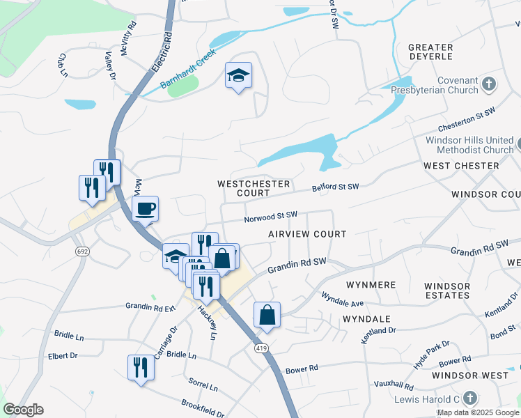 map of restaurants, bars, coffee shops, grocery stores, and more near 4743 Norwood Street Southwest in Roanoke