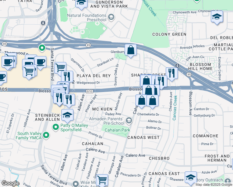 map of restaurants, bars, coffee shops, grocery stores, and more near in San Jose