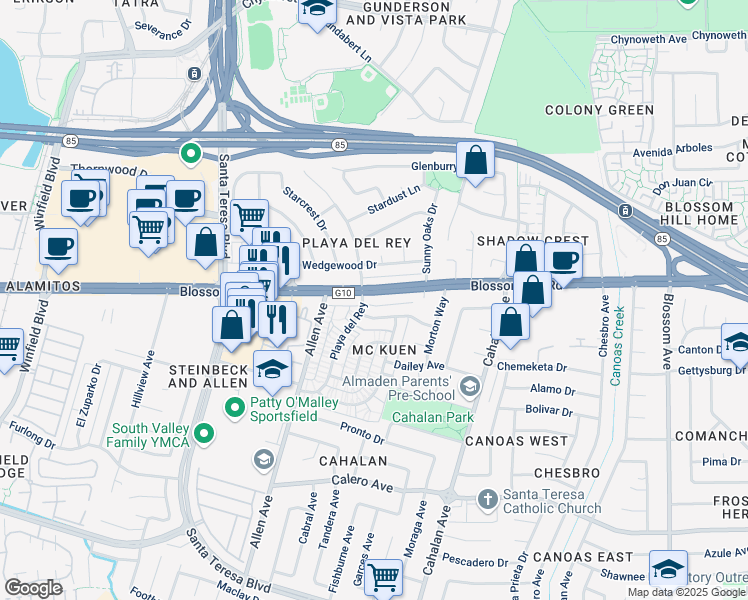 map of restaurants, bars, coffee shops, grocery stores, and more near 791 Delaware Avenue in San Jose