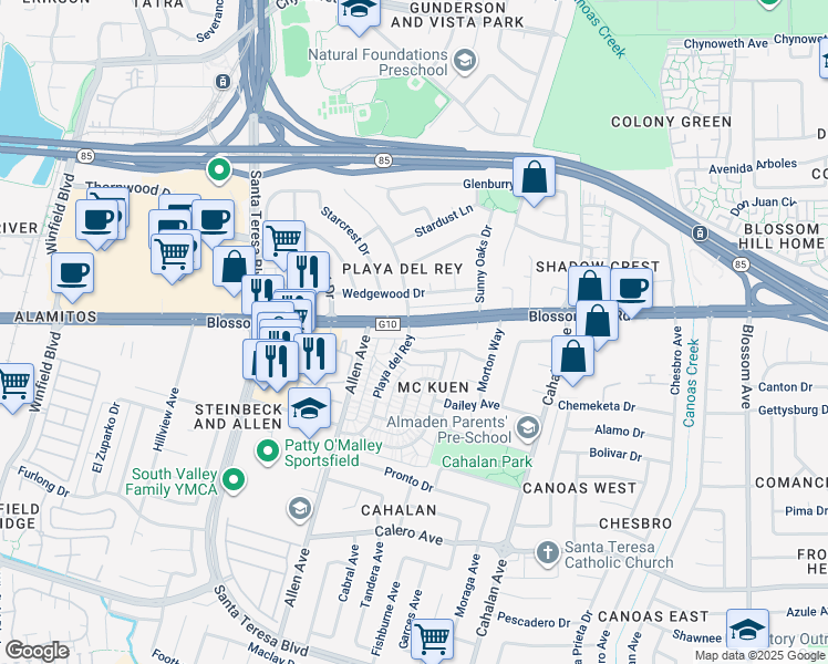 map of restaurants, bars, coffee shops, grocery stores, and more near 791 Delaware Avenue in San Jose