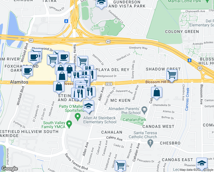 map of restaurants, bars, coffee shops, grocery stores, and more near 5629 Playa Del Rey Court in San Jose