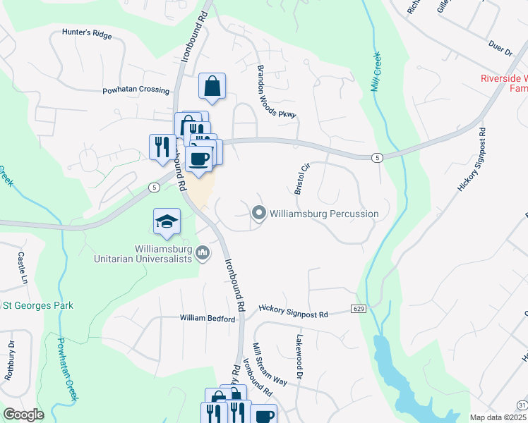 map of restaurants, bars, coffee shops, grocery stores, and more near 3100 Maplewood Place in Williamsburg