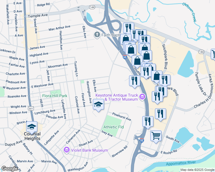 map of restaurants, bars, coffee shops, grocery stores, and more near 904 Conduit Road in Colonial Heights