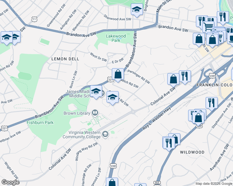 map of restaurants, bars, coffee shops, grocery stores, and more near 1111 Overland Rd SW in Roanoke