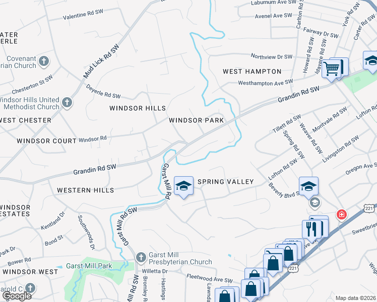 map of restaurants, bars, coffee shops, grocery stores, and more near 3174 Garst Cabin Dr in Roanoke