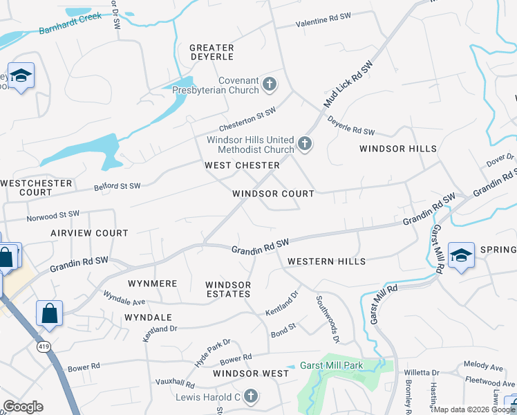 map of restaurants, bars, coffee shops, grocery stores, and more near 2000-3898 Darlington Road Southwest in Roanoke