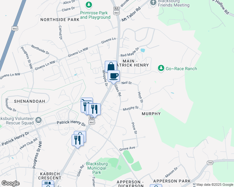 map of restaurants, bars, coffee shops, grocery stores, and more near 1315 Giles Road in Blacksburg