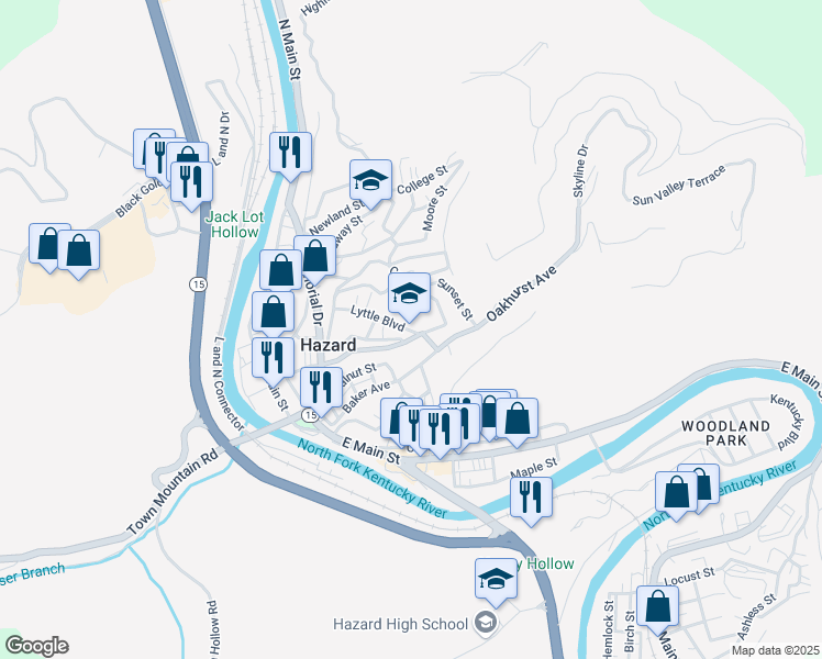 map of restaurants, bars, coffee shops, grocery stores, and more near in Hazard