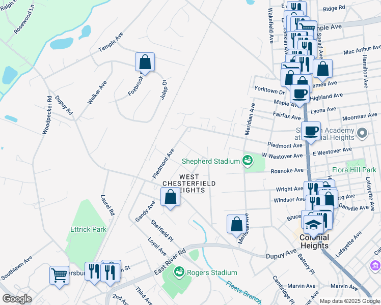 map of restaurants, bars, coffee shops, grocery stores, and more near 19905 Lincoln Avenue in Ettrick
