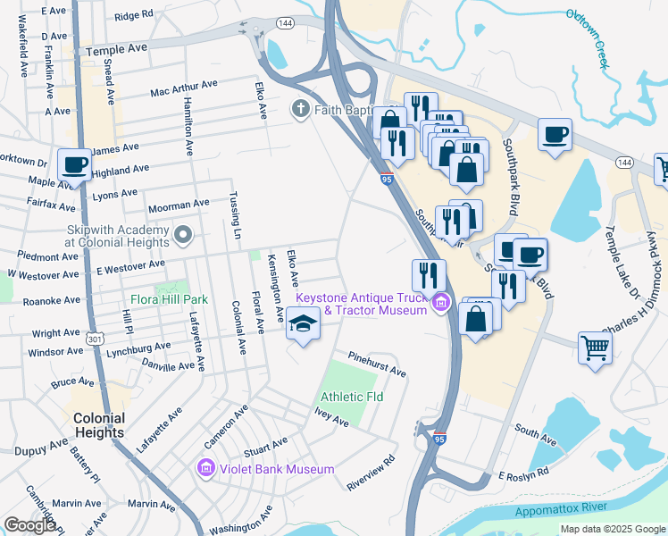 map of restaurants, bars, coffee shops, grocery stores, and more near 904 Conduit Road in Colonial Heights