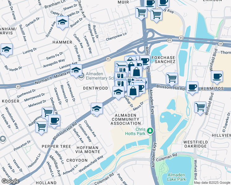 map of restaurants, bars, coffee shops, grocery stores, and more near 2 Russo Drive in San Jose