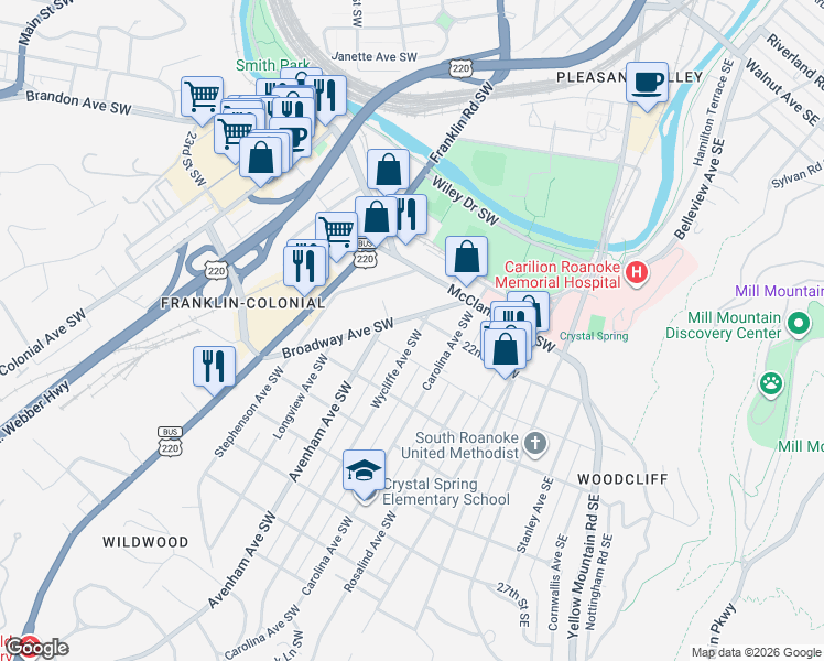 map of restaurants, bars, coffee shops, grocery stores, and more near 2222 Wycliffe Avenue Southwest in Roanoke