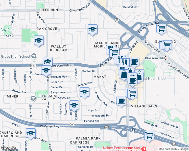 map of restaurants, bars, coffee shops, grocery stores, and more near 150 Venado Way in San Jose