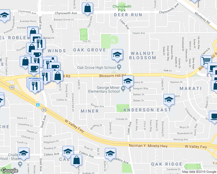 map of restaurants, bars, coffee shops, grocery stores, and more near 5690 Tonopah Drive in San Jose
