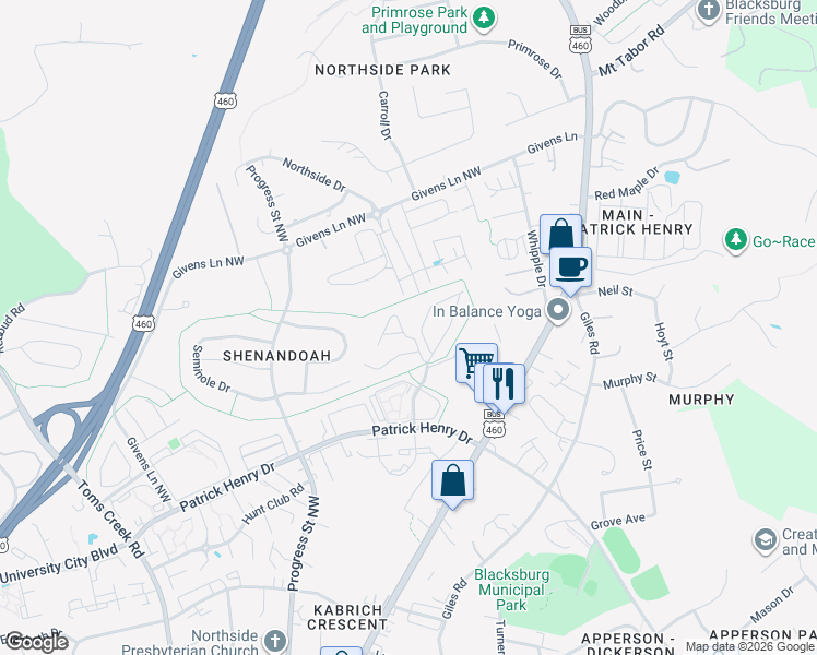 map of restaurants, bars, coffee shops, grocery stores, and more near 214 Pheasant Run Drive in Blacksburg