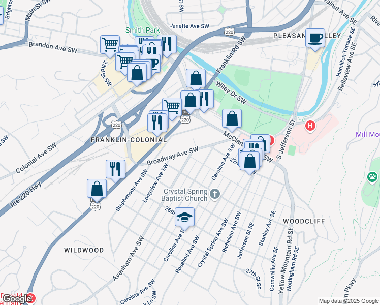 map of restaurants, bars, coffee shops, grocery stores, and more near 568 23rd St SW in Roanoke