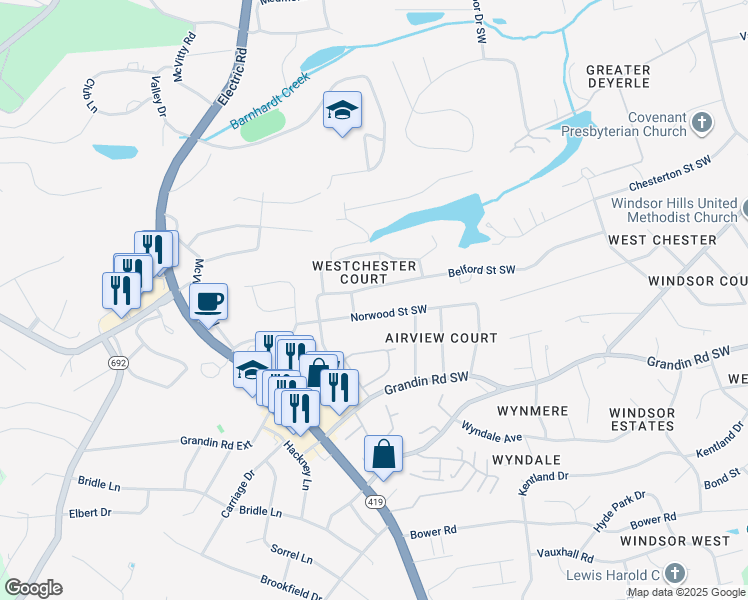 map of restaurants, bars, coffee shops, grocery stores, and more near 4743 Norwood Street Southwest in Roanoke