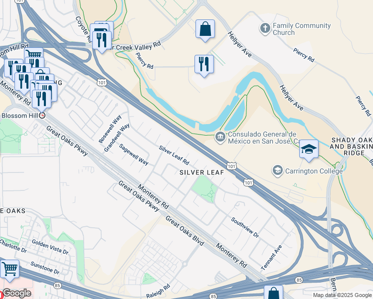 map of restaurants, bars, coffee shops, grocery stores, and more near 123 Parkwell Court in San Jose