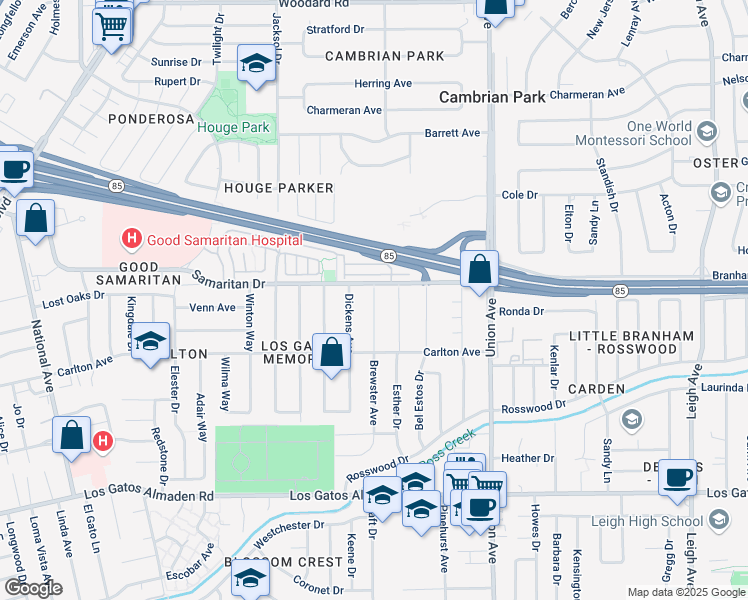 map of restaurants, bars, coffee shops, grocery stores, and more near 15077 Brewster Avenue in San Jose