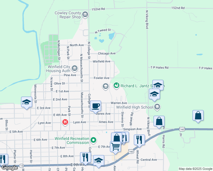map of restaurants, bars, coffee shops, grocery stores, and more near 100 College Street in Winfield