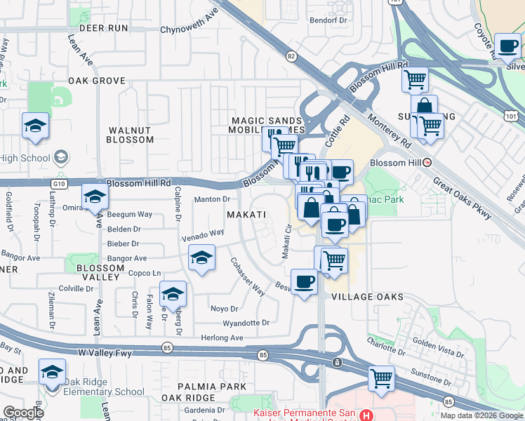 map of restaurants, bars, coffee shops, grocery stores, and more near 5466 Makati Circle in San Jose