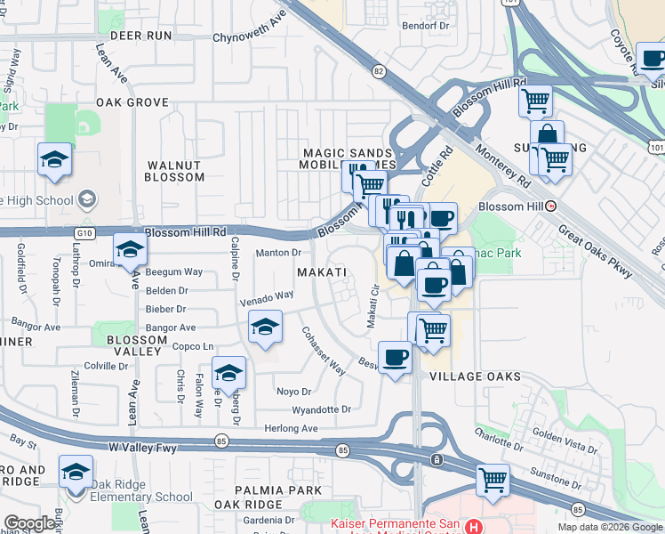 map of restaurants, bars, coffee shops, grocery stores, and more near 5508 Makati Circle in San Jose