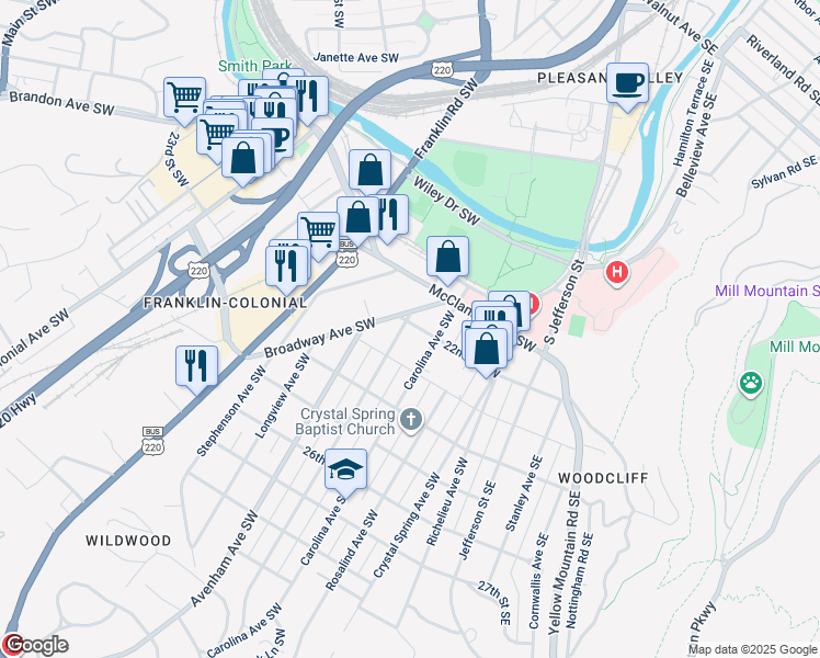 map of restaurants, bars, coffee shops, grocery stores, and more near 2202 Wycliffe Avenue Southwest in Roanoke