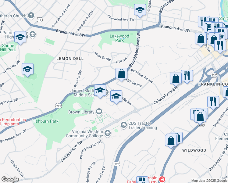 map of restaurants, bars, coffee shops, grocery stores, and more near 1160 Overland Road Southwest in Roanoke