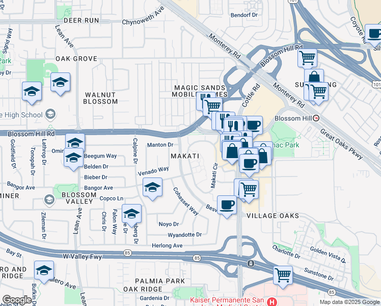 map of restaurants, bars, coffee shops, grocery stores, and more near 5508 Makati Circle in San Jose