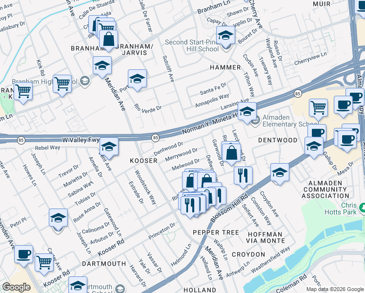 map of restaurants, bars, coffee shops, grocery stores, and more near 1406 Dentwood Drive in San Jose