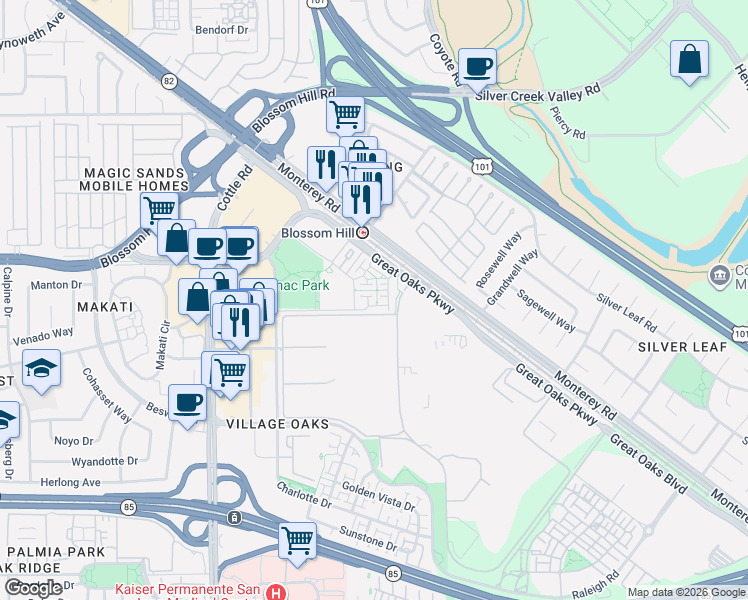 map of restaurants, bars, coffee shops, grocery stores, and more near 433 Ellicott Loop in San Jose