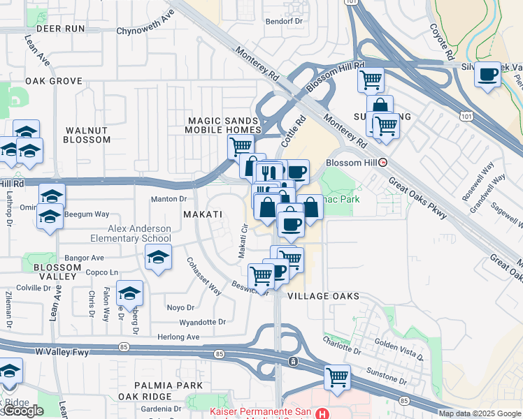 map of restaurants, bars, coffee shops, grocery stores, and more near 5683 Cottle Road in San Jose