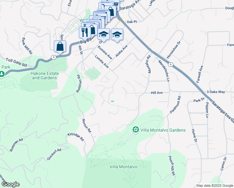 map of restaurants, bars, coffee shops, grocery stores, and more near 20605 Montalvo Heights Drive in Saratoga