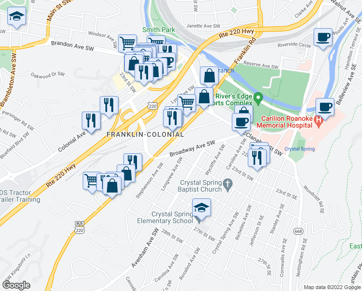 map of restaurants, bars, coffee shops, grocery stores, and more near 2402 Broadway Avenue Southwest in Roanoke