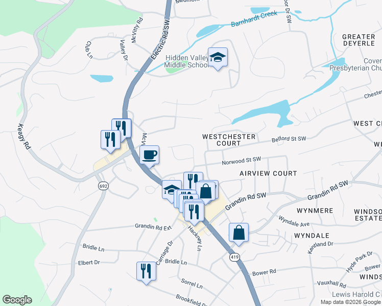map of restaurants, bars, coffee shops, grocery stores, and more near 5012 Oakleigh Avenue Southwest in Roanoke