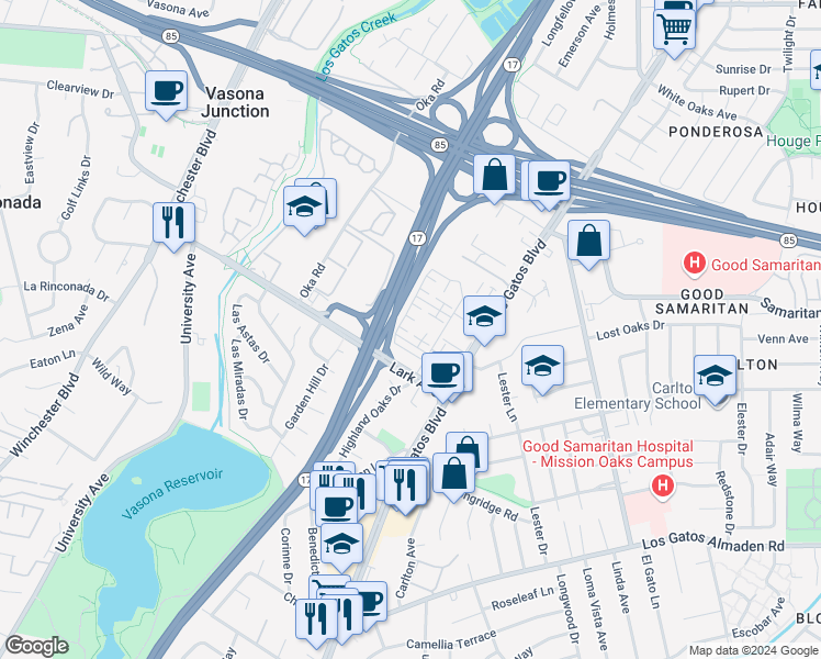 map of restaurants, bars, coffee shops, grocery stores, and more near 16023 Bartlett Court in Los Gatos