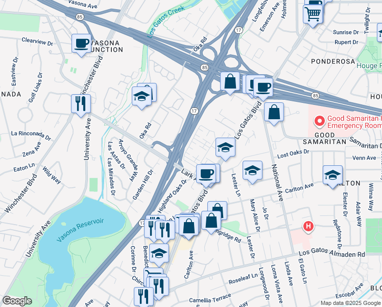 map of restaurants, bars, coffee shops, grocery stores, and more near 16023 Bartlett Court in Los Gatos