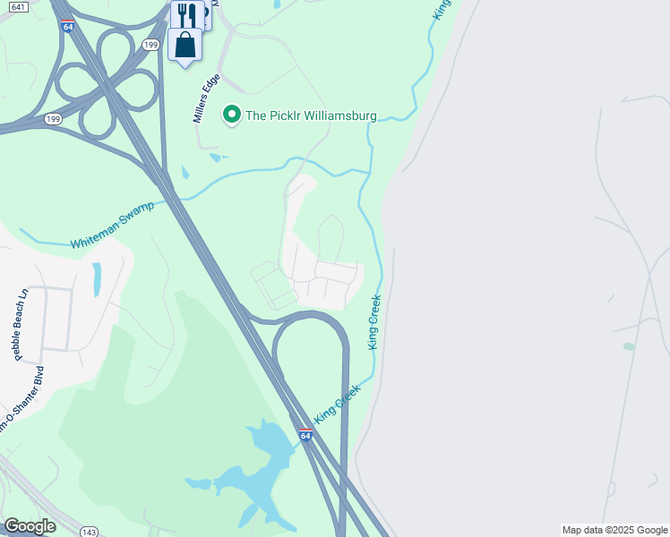 map of restaurants, bars, coffee shops, grocery stores, and more near 200 Auray Drive in Williamsburg