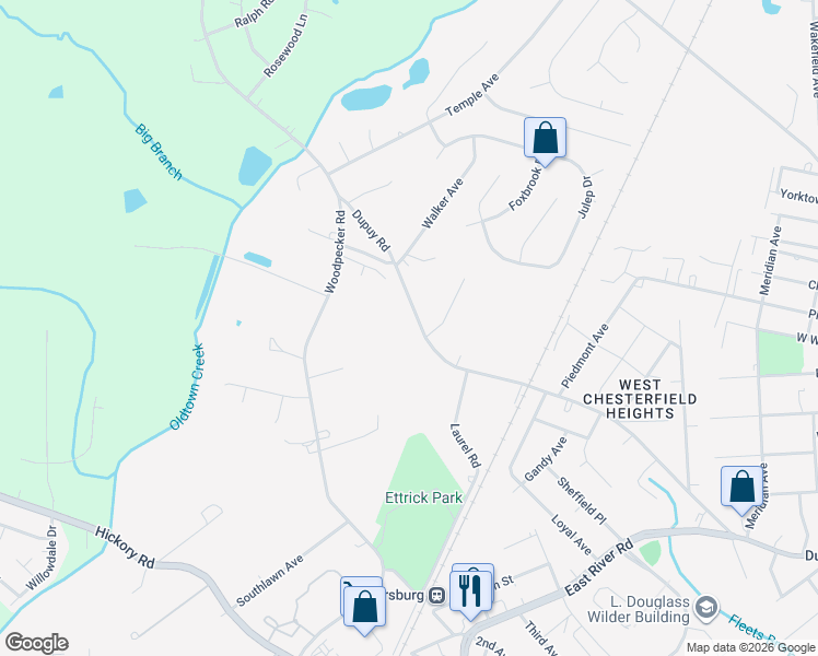 map of restaurants, bars, coffee shops, grocery stores, and more near 3801 Dupuy Road in Petersburg