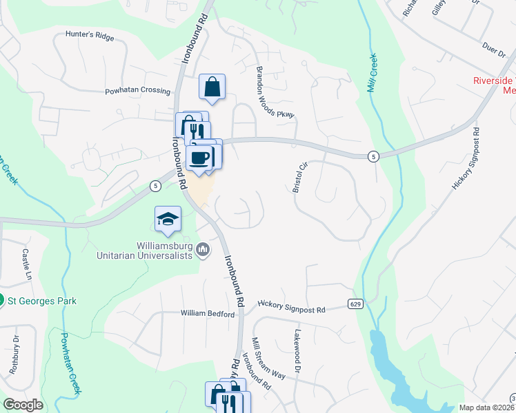 map of restaurants, bars, coffee shops, grocery stores, and more near 3100 Maplewood Place in Williamsburg