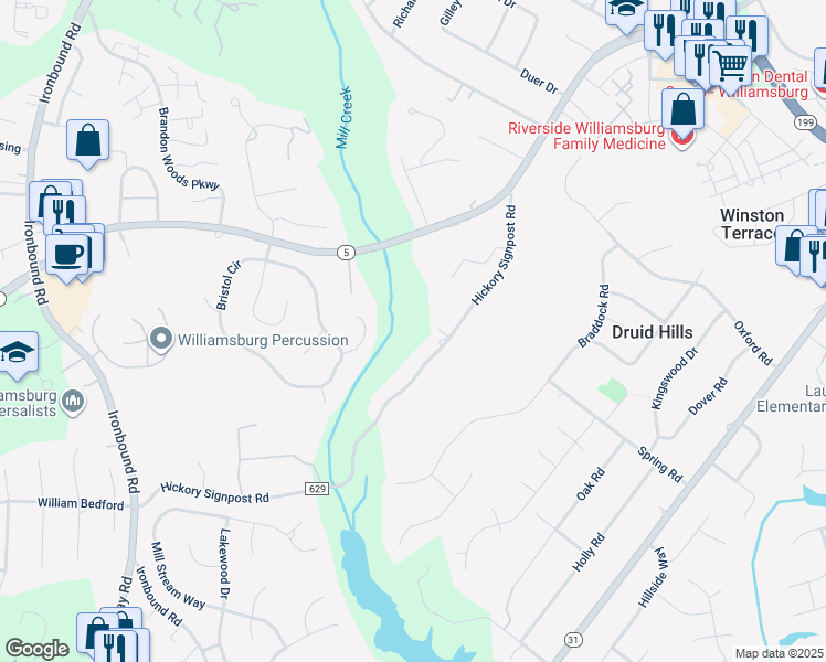 map of restaurants, bars, coffee shops, grocery stores, and more near 4924 Hickory Signpost Road in Williamsburg