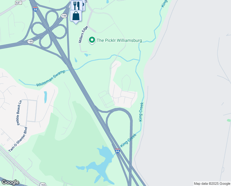 map of restaurants, bars, coffee shops, grocery stores, and more near 104 Overstreet Court in Williamsburg