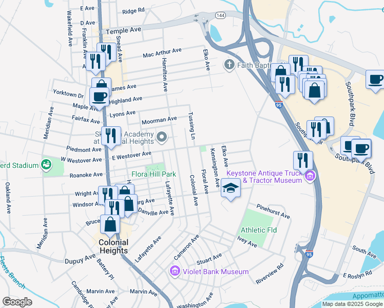 map of restaurants, bars, coffee shops, grocery stores, and more near 1005 Colonial Avenue in Colonial Heights