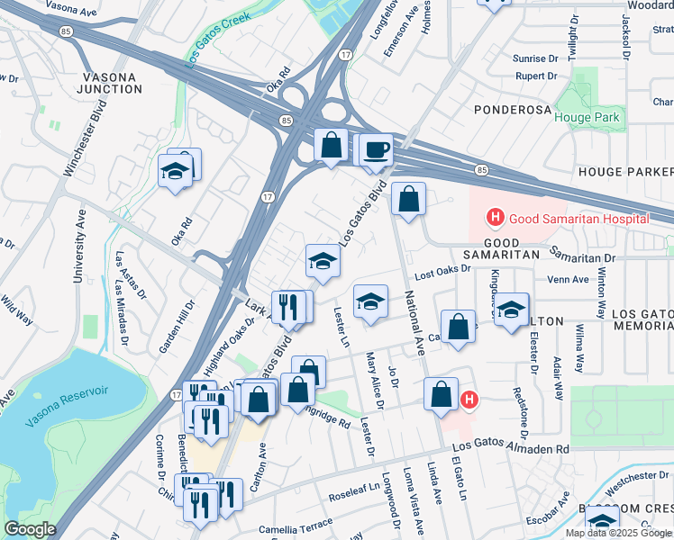 map of restaurants, bars, coffee shops, grocery stores, and more near 16261 Camino Del Sol in Los Gatos