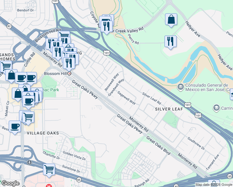 map of restaurants, bars, coffee shops, grocery stores, and more near 71 Limewell Court in San Jose